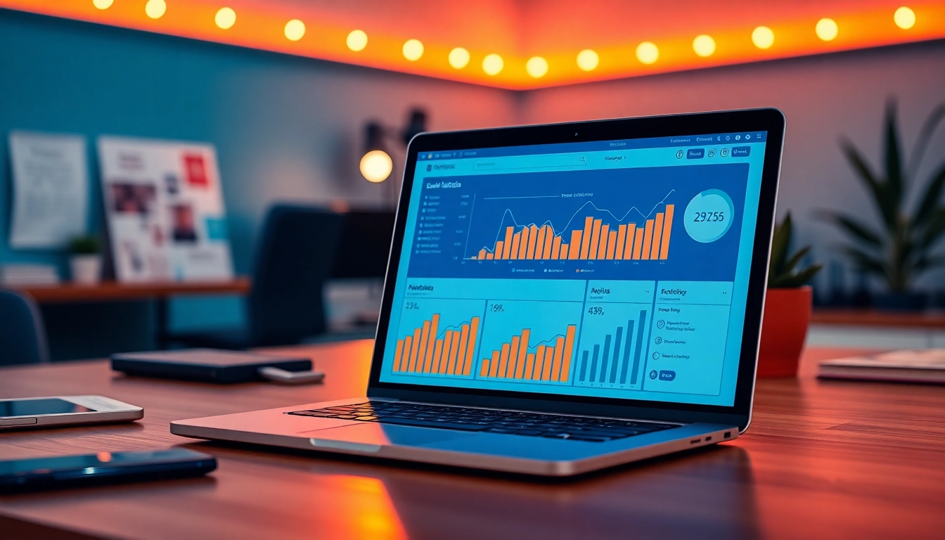 Showcasing social media marketing strategies in Cyprus with charts and analysis tools at a modern desk.