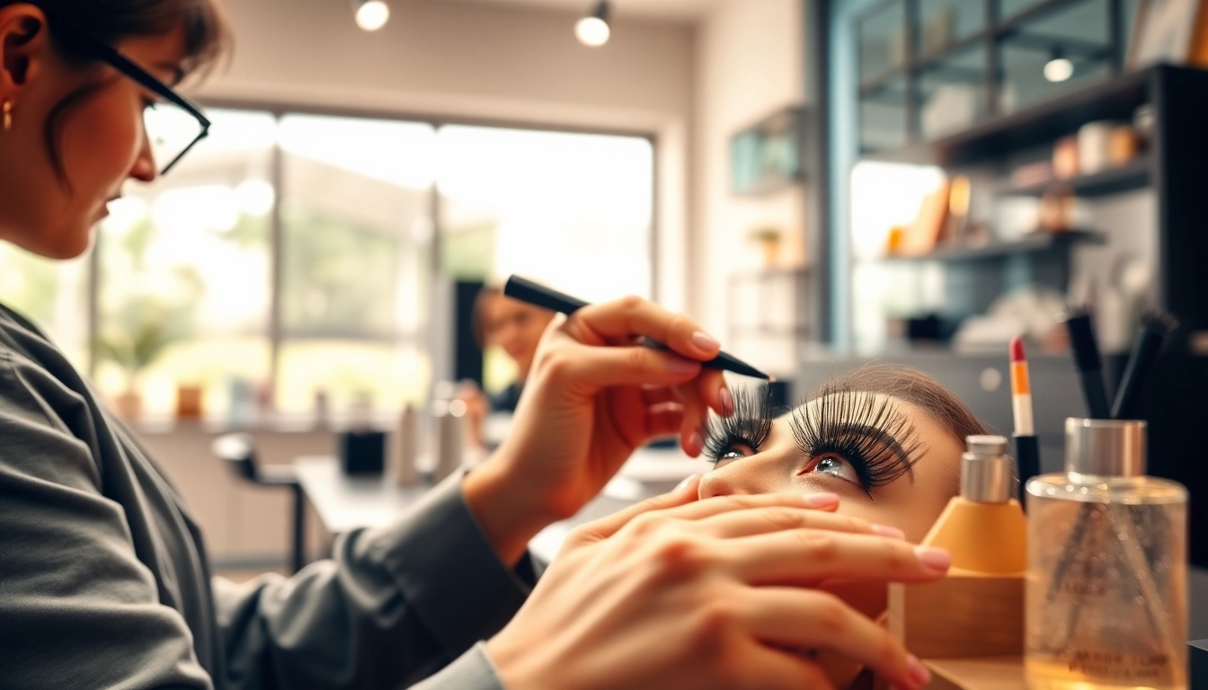 Lash techs applying extensions with precision in a stylish salon environment.