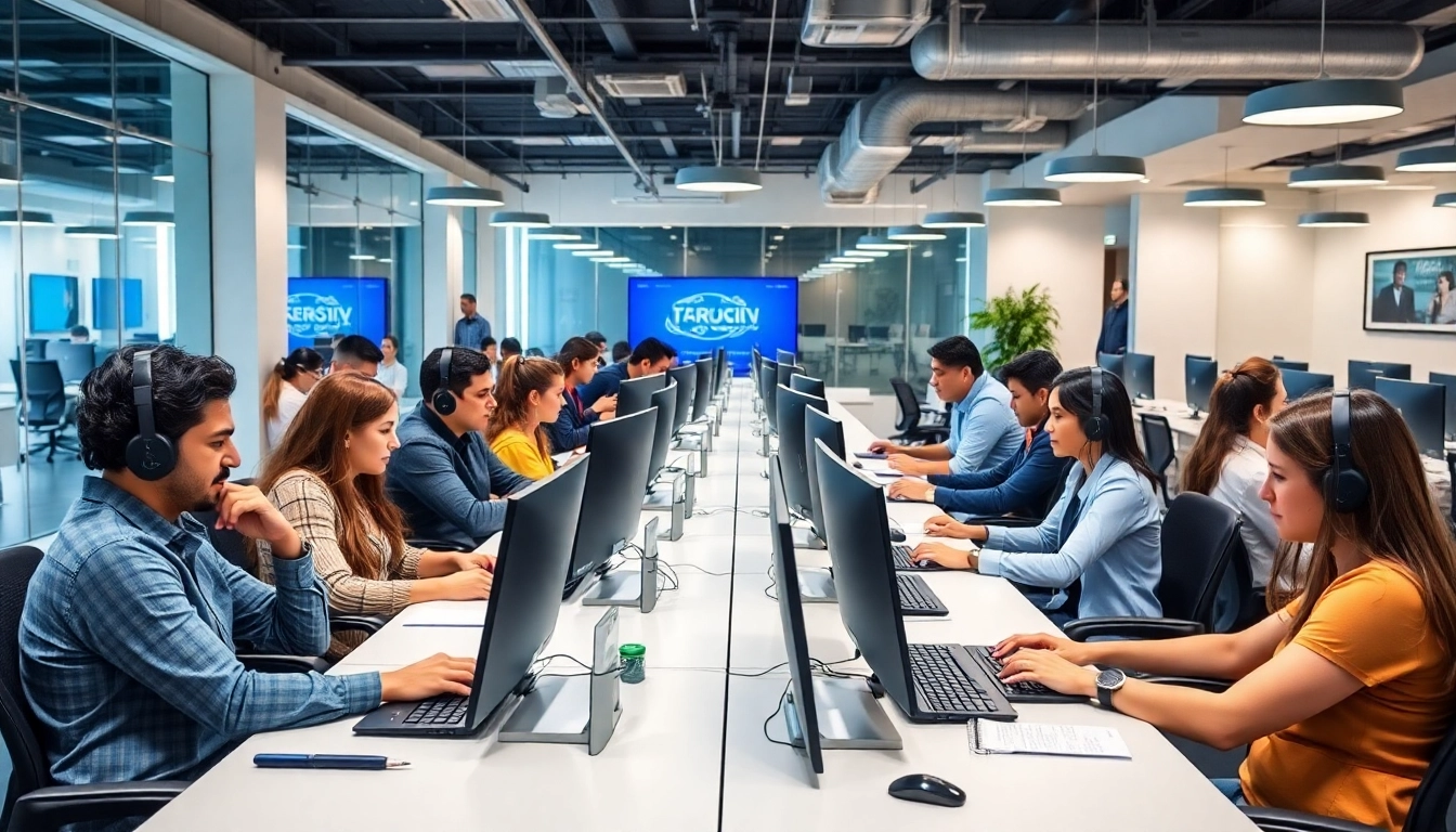 Engaged agents working in a call center in Tijuana, emphasizing a dynamic and professional environment.