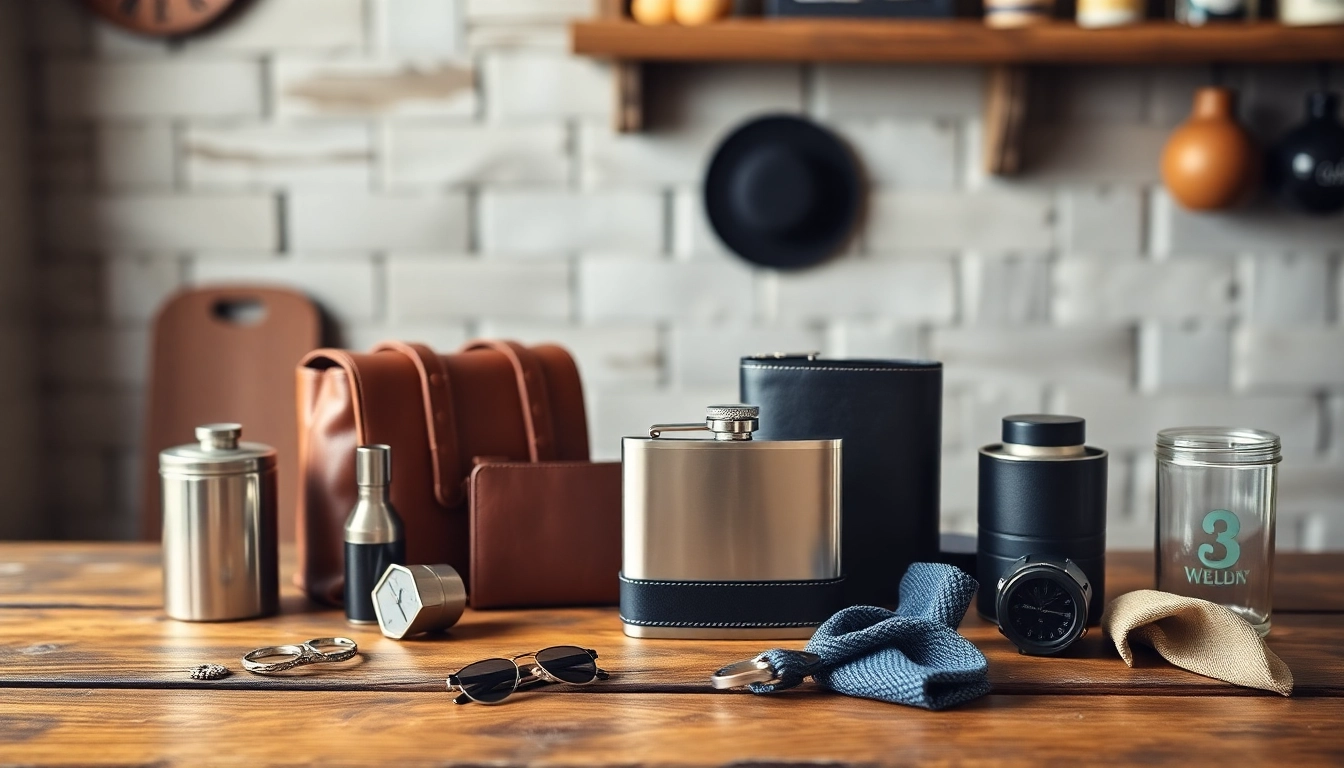 Showcase of cheap groomsmen gifts featuring personalized flasks and accessories on a rustic table.