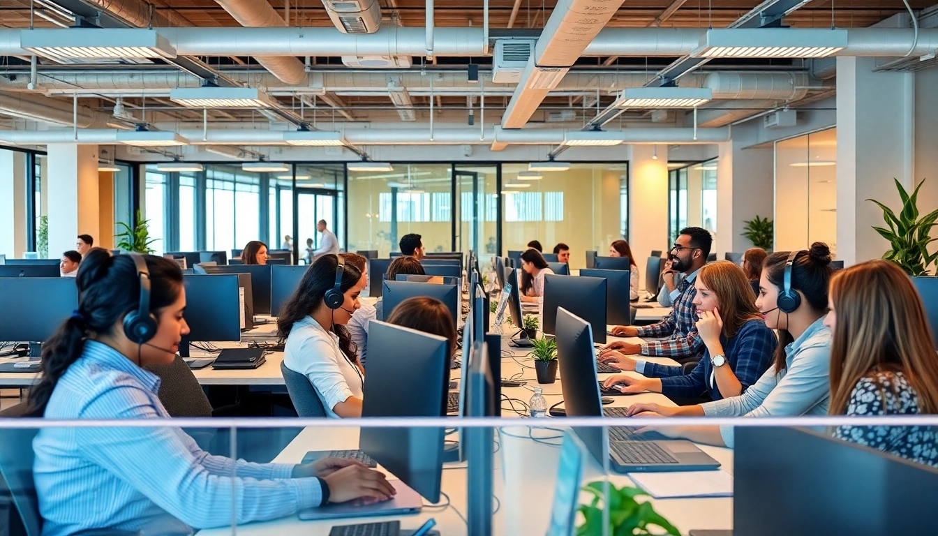 Agents engaging in teamwork at a call center in Tijuana, showcasing a modern work environment.