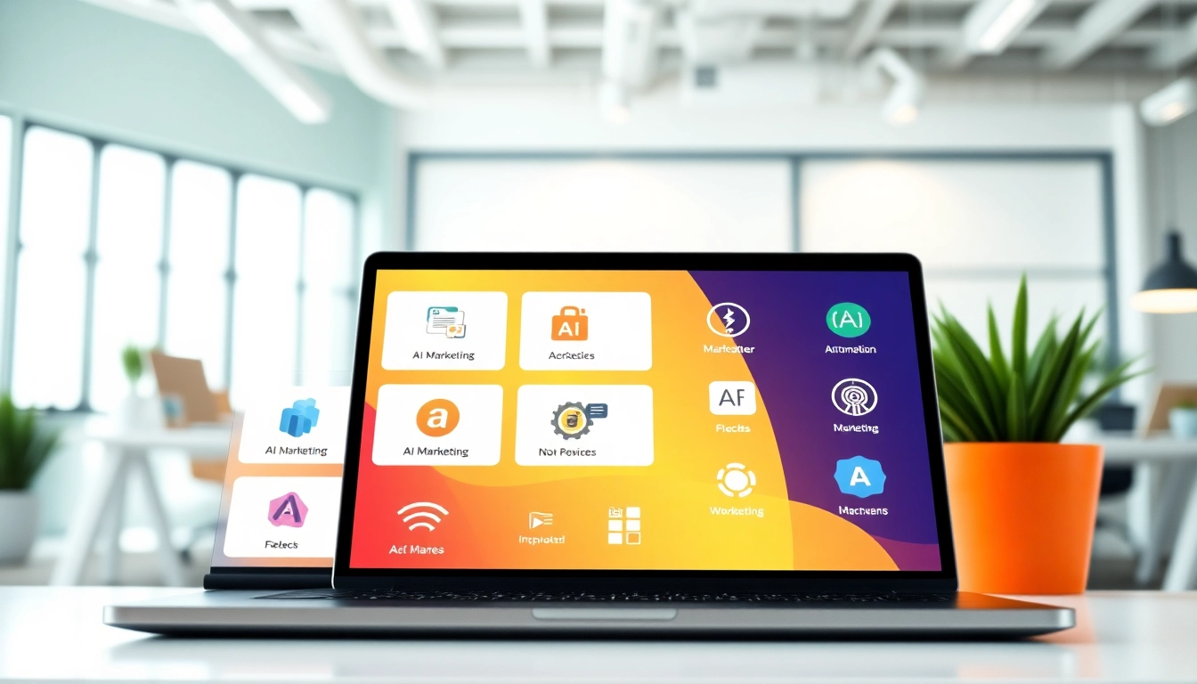 Showcasing AI marketing tools in a digital workspace with a modern laptop and office setting.