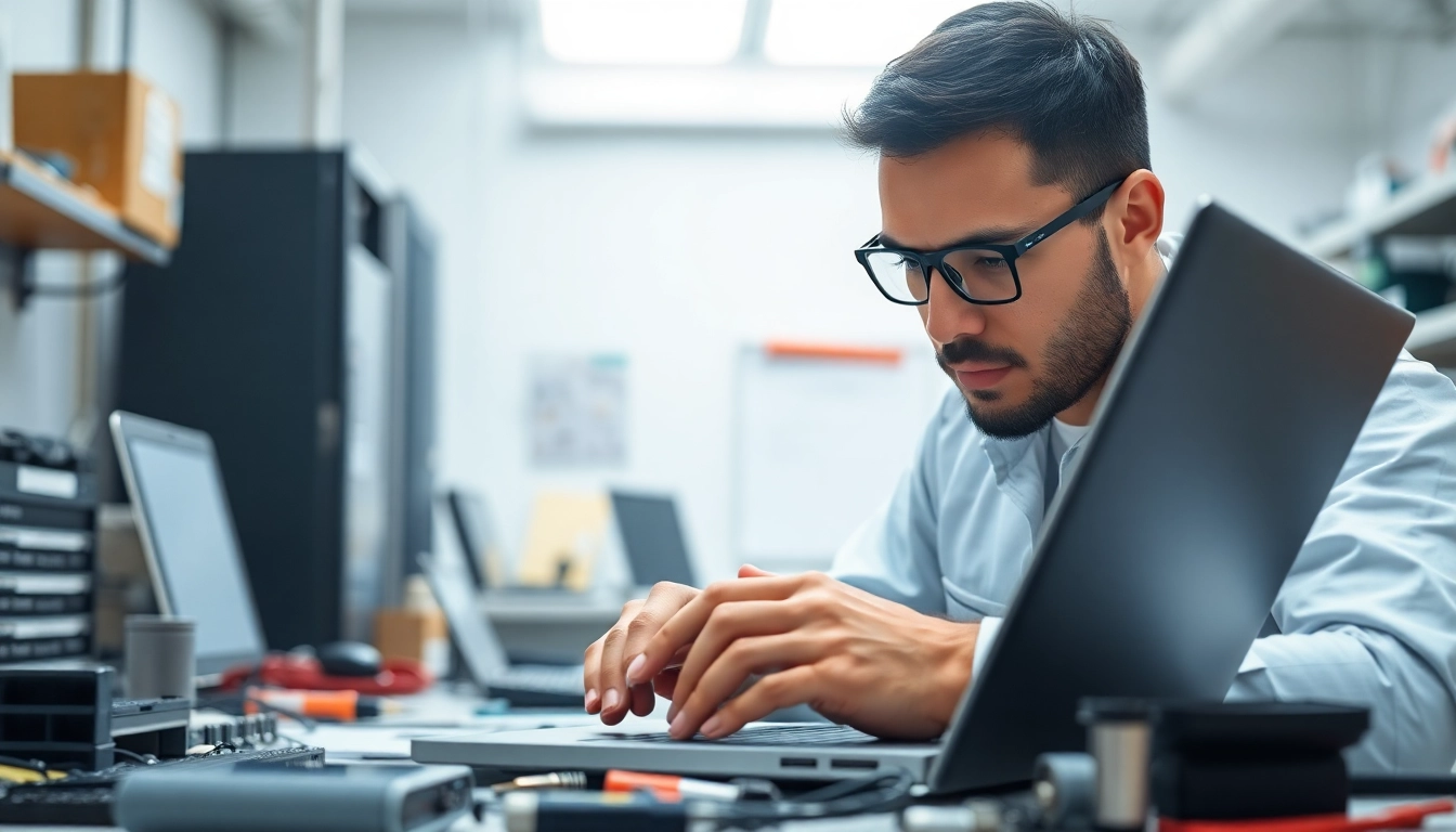 Riparazione computer settimo torinese: tecnico esperto al lavoro con laptop nel laboratorio.