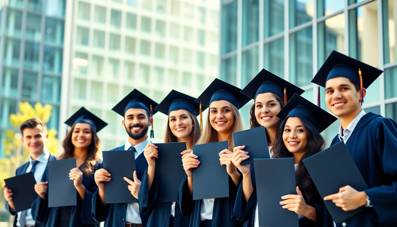 Graduates celebrating their original university degree UK, holding diplomas in a professional setting.