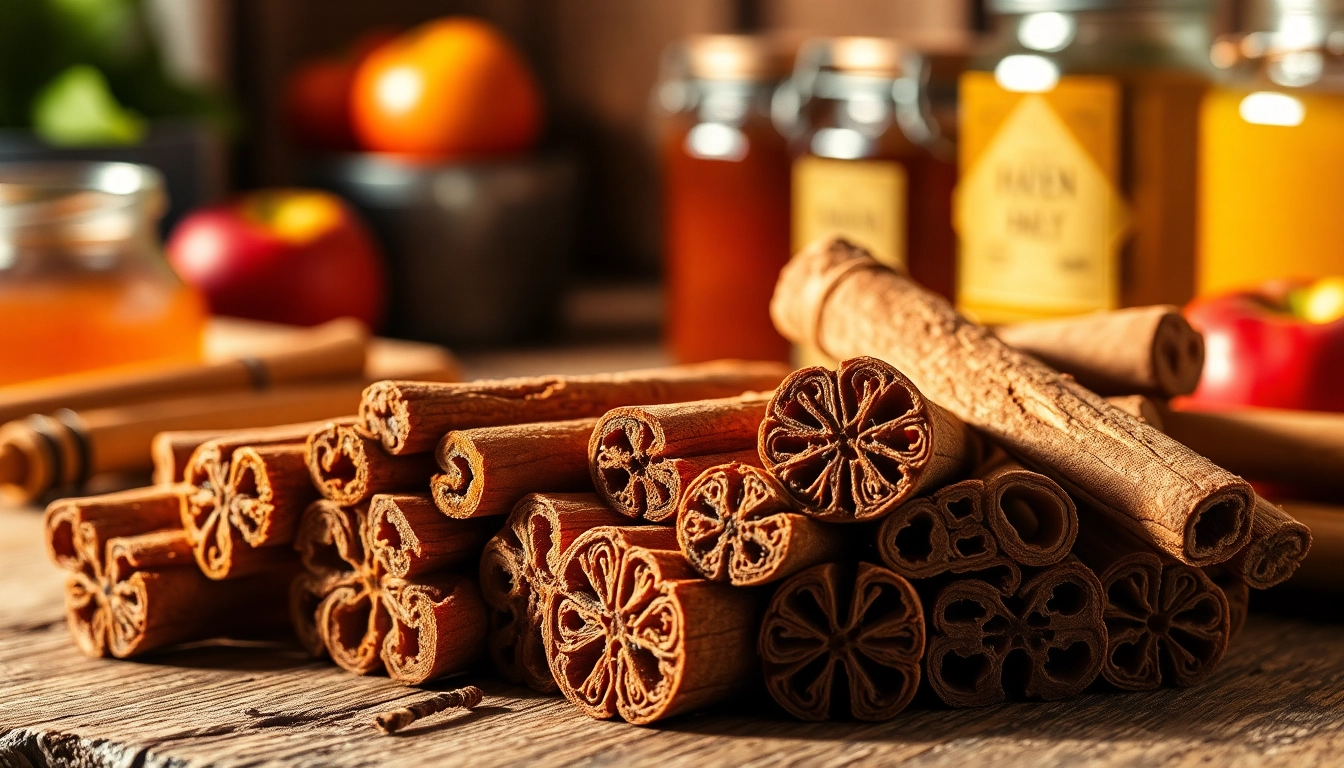 Cinnamon Bark pieces elegantly displayed with fresh ingredients like apples and honey.