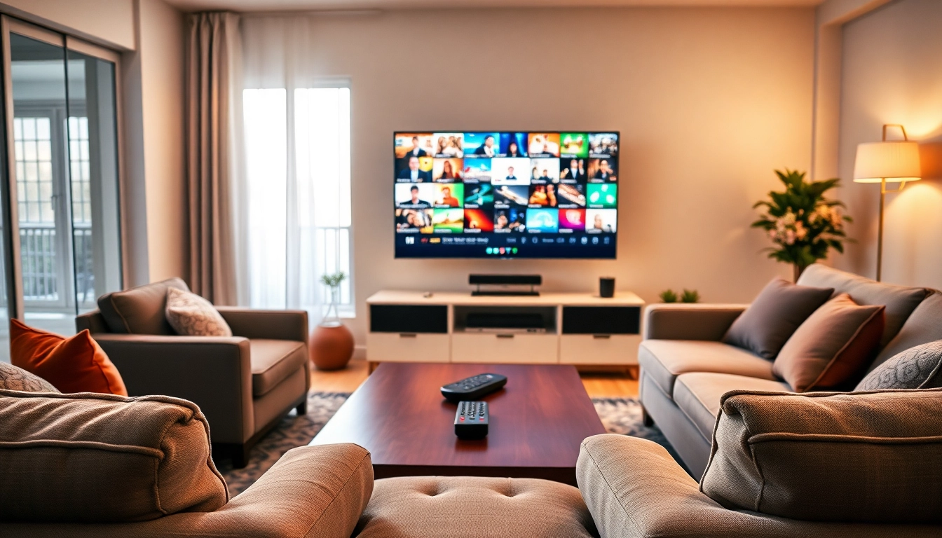 Watch IPTV test line on a vibrant modern TV setup in a cozy living room.