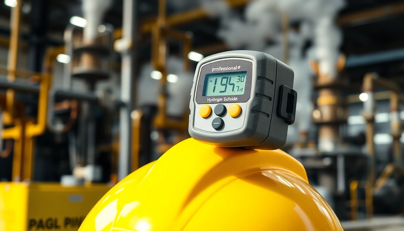 Monitor gas levels with a Hydrogen Sulfide gas detector on a safety helmet in an industrial setting.