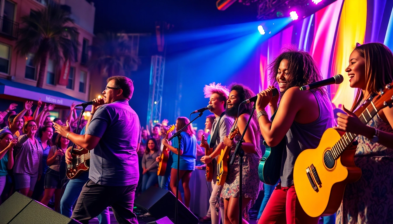 Musicians performing live on stage, showcasing the vibrant spirit of Music during a festival.