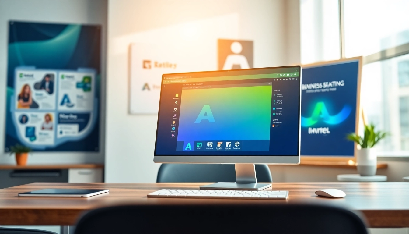 Create stunning logos with AI business branding tools, showcased in a modern office setting.