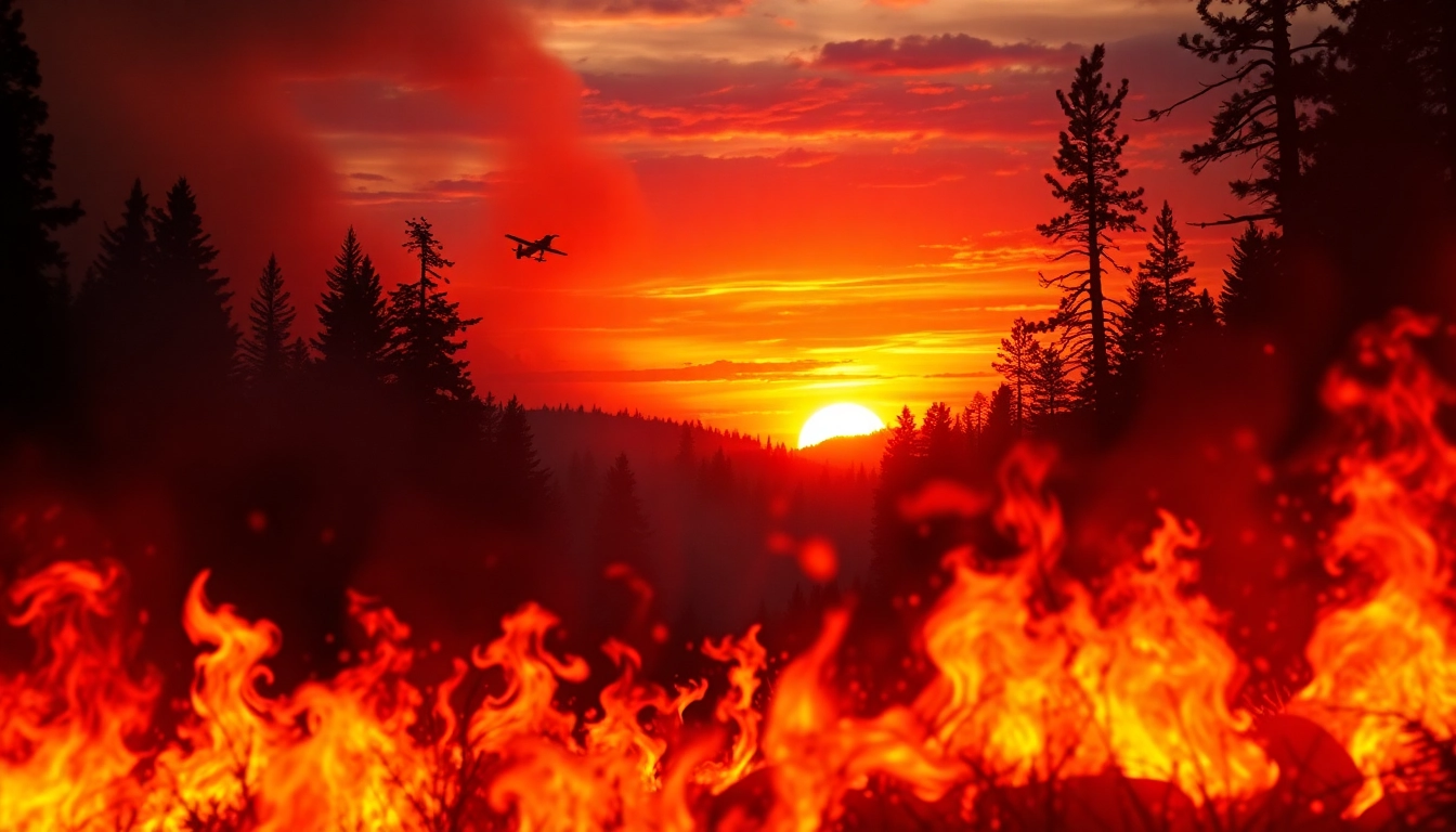 Firefighters battling wildfire events amidst flames and smoke during a dramatic sunset.