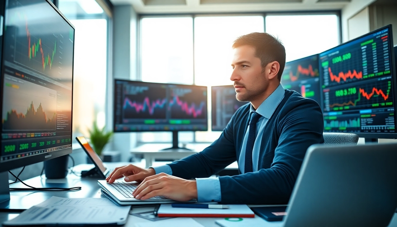 Trader analyzing trade futures data in a modern office with stock charts.
