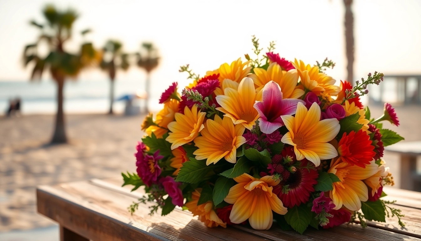 Order from a Huntington Beach florist showcasing a vibrant floral arrangement in a sunny beach setting.