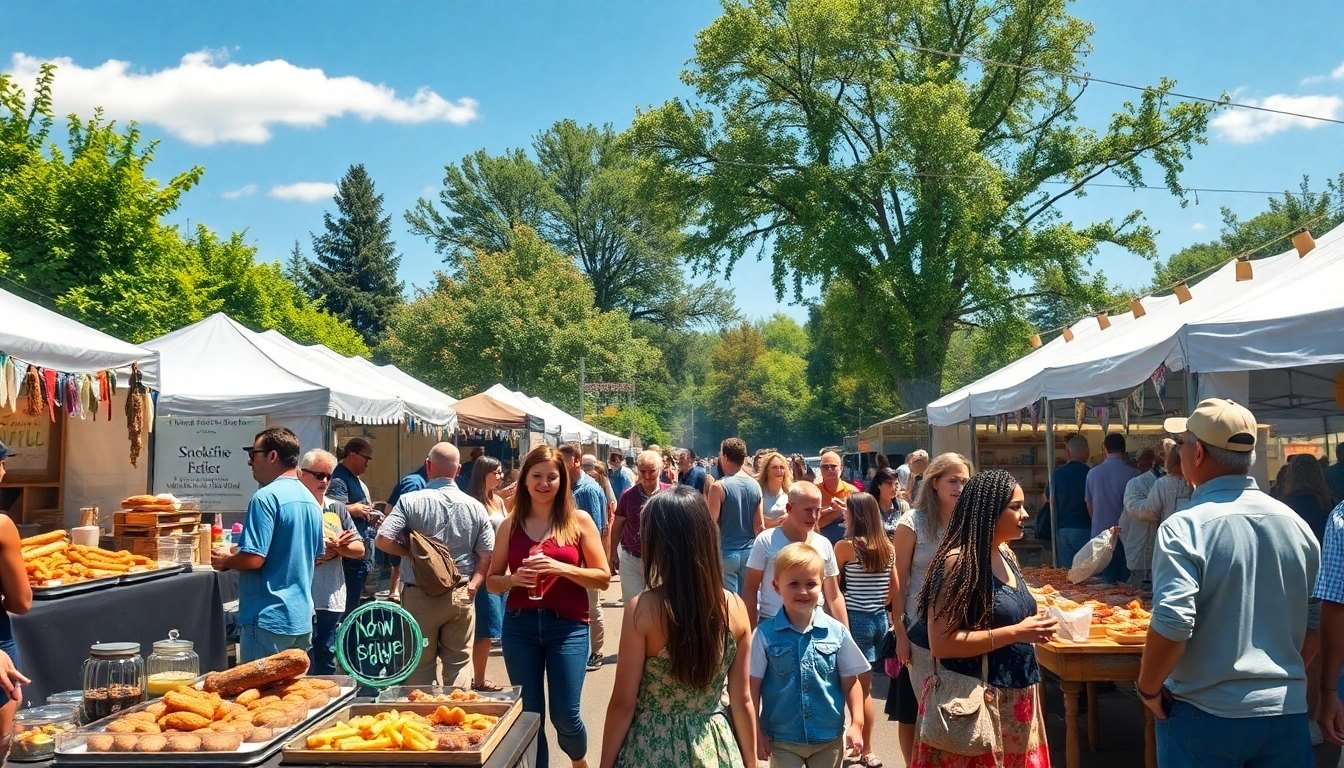 Celebrate wildfire events at a lively outdoor festival with food stalls and happy attendees.