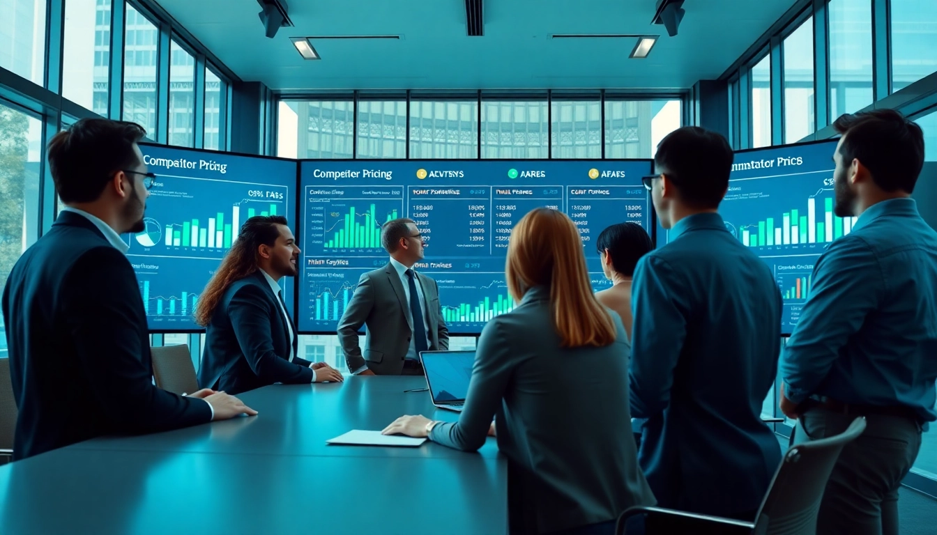 Analyzing competitor pricing research data in a modern business environment with a diverse team.
