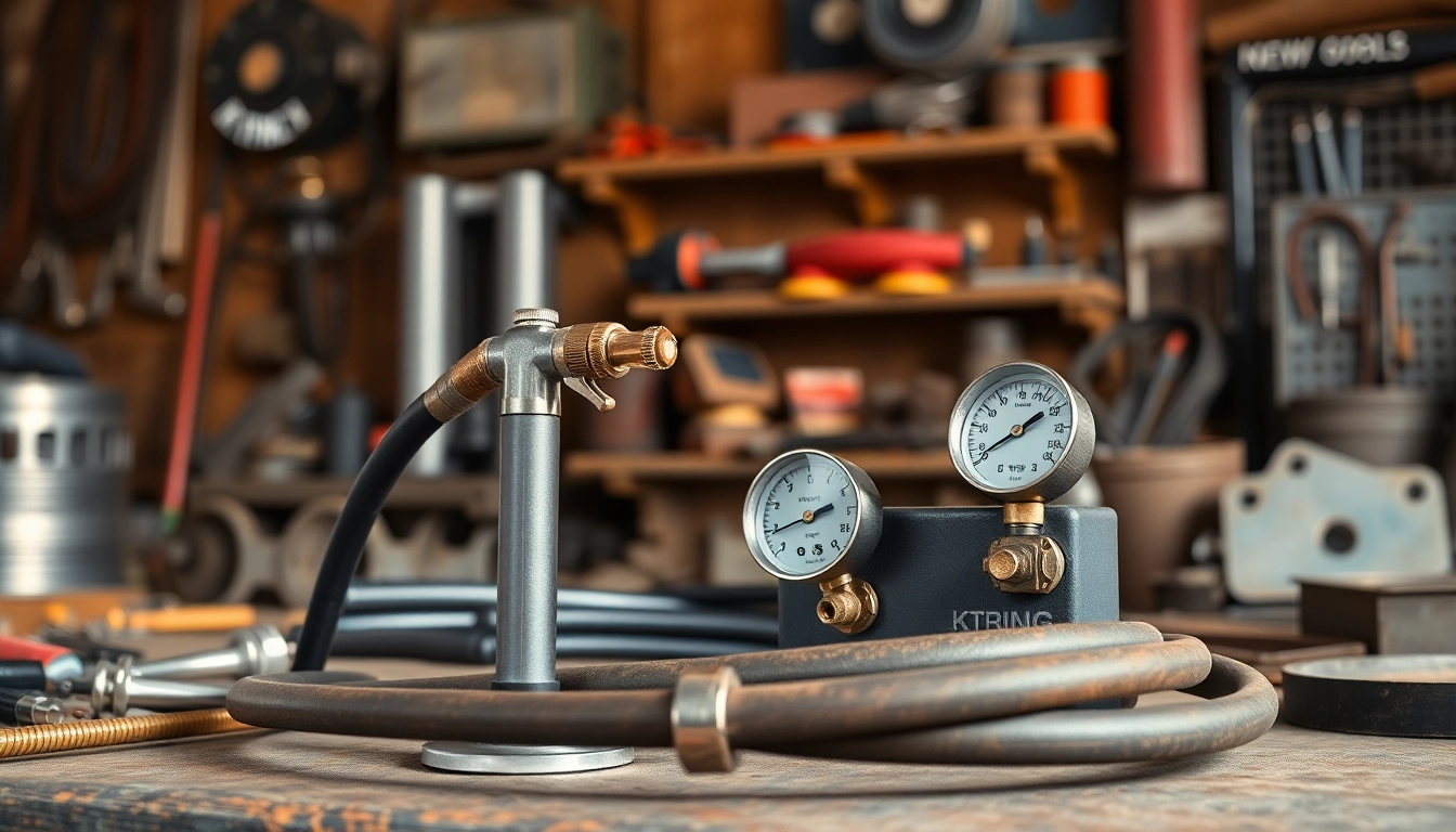 Showcased oxy acetylene welding kit in a vibrant workshop atmosphere with tools and metal pieces.