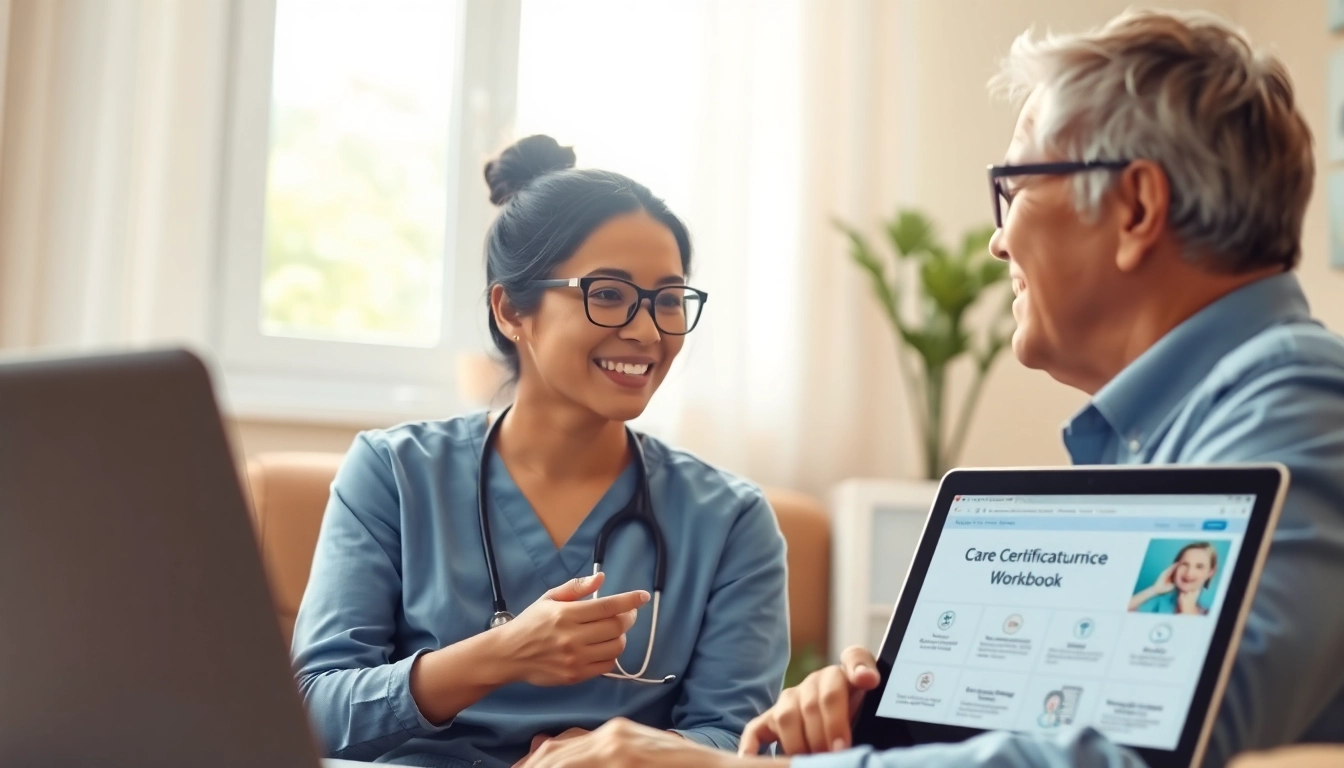 Care certificate answers showcased through a healthcare worker engaging with a patient in a warm environment.