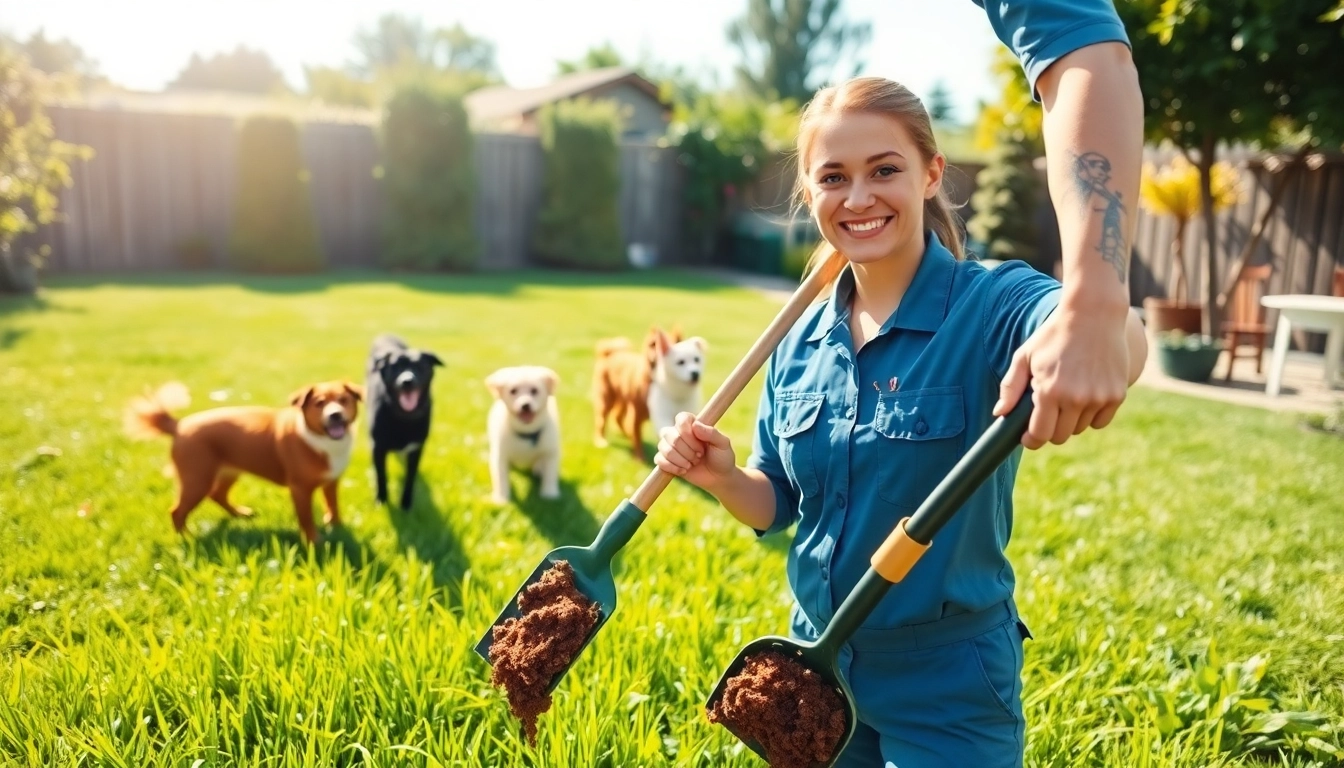Dog poop cleaning service technician actively scooping pet waste in a bright backyard.