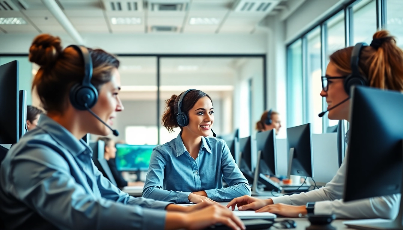 Showcase of Call Center Solutions in a modern office with agents collaborating effectively.
