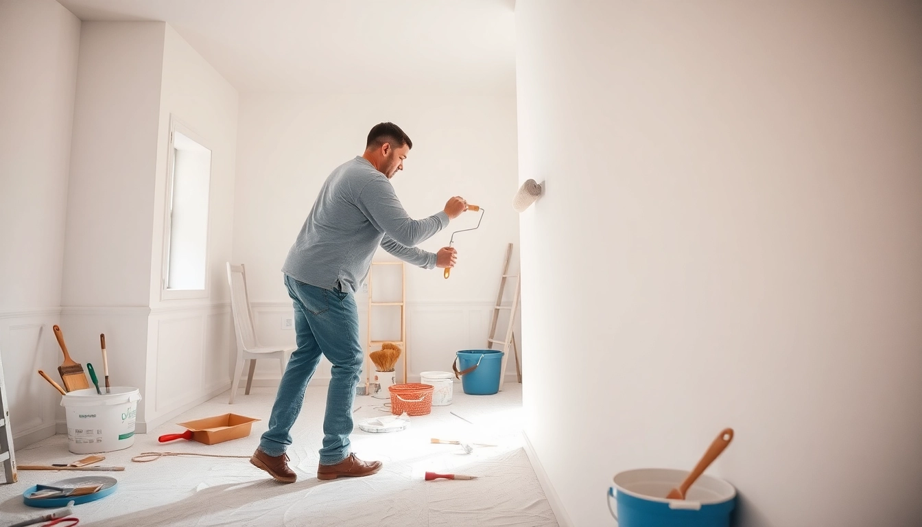 Drywall painting in progress with a painter applying white paint on a smooth wall.