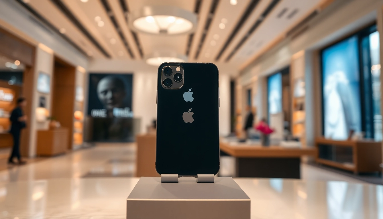 Buy iPhone Pro Max in a luxurious retail setting, showcasing its sleek design and features.
