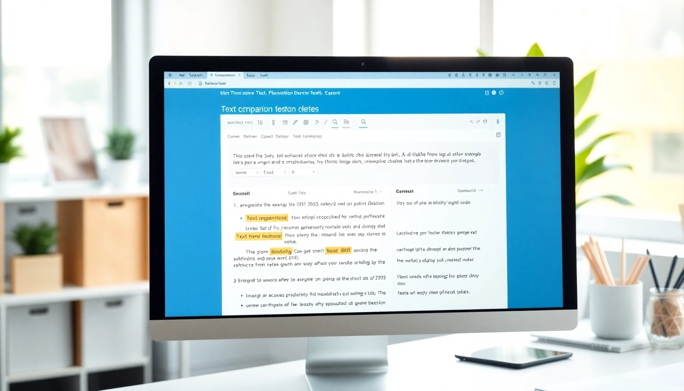 Analyze text originality using an intuitive plagiarism detector software interface in a bright office.