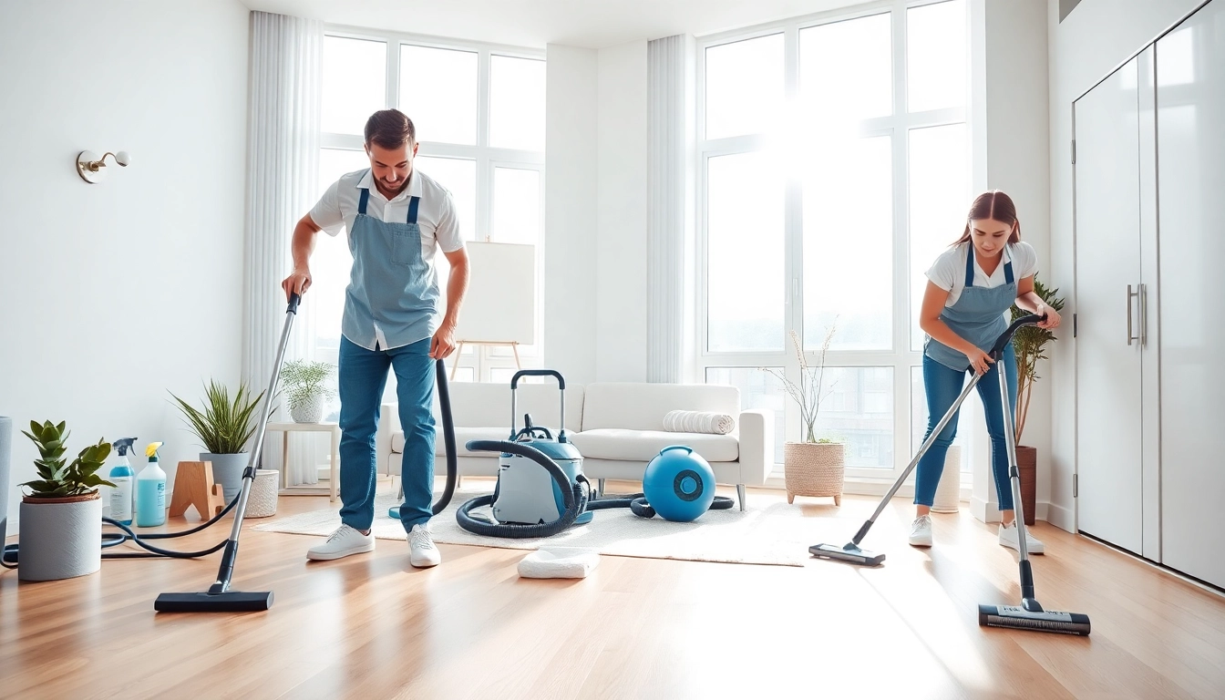 Bond cleaning Brisbane service featuring professional cleaners in action at a modern apartment.