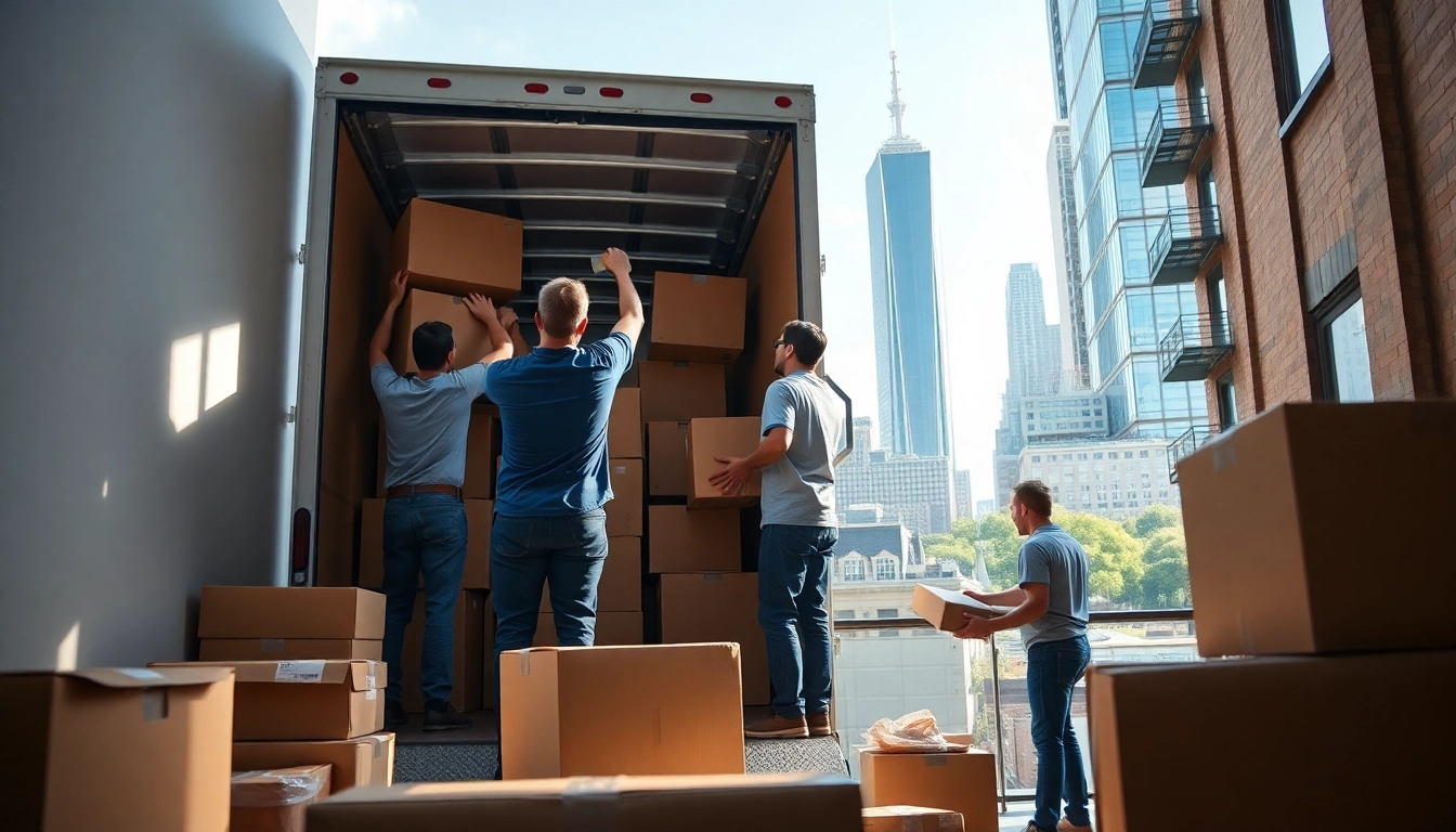 Professional movers nyc packing items in a bustling New York City apartment.