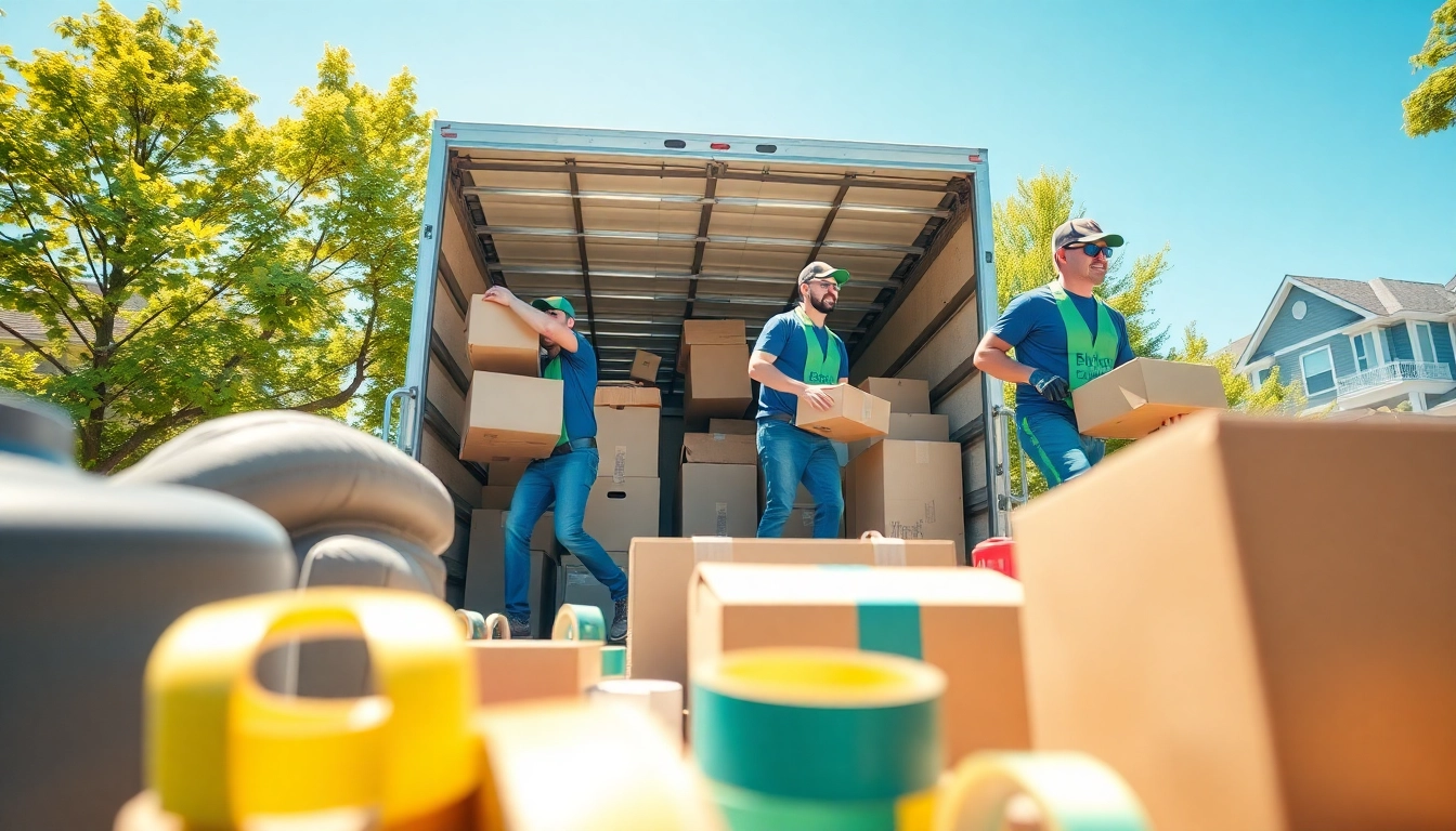 Professional movers efficiently executing house moves with packed items ready for transport.