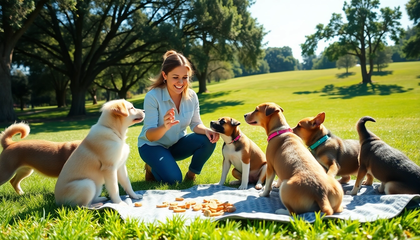 Dog Training Irvine session with a trainer engaging puppies in a park.