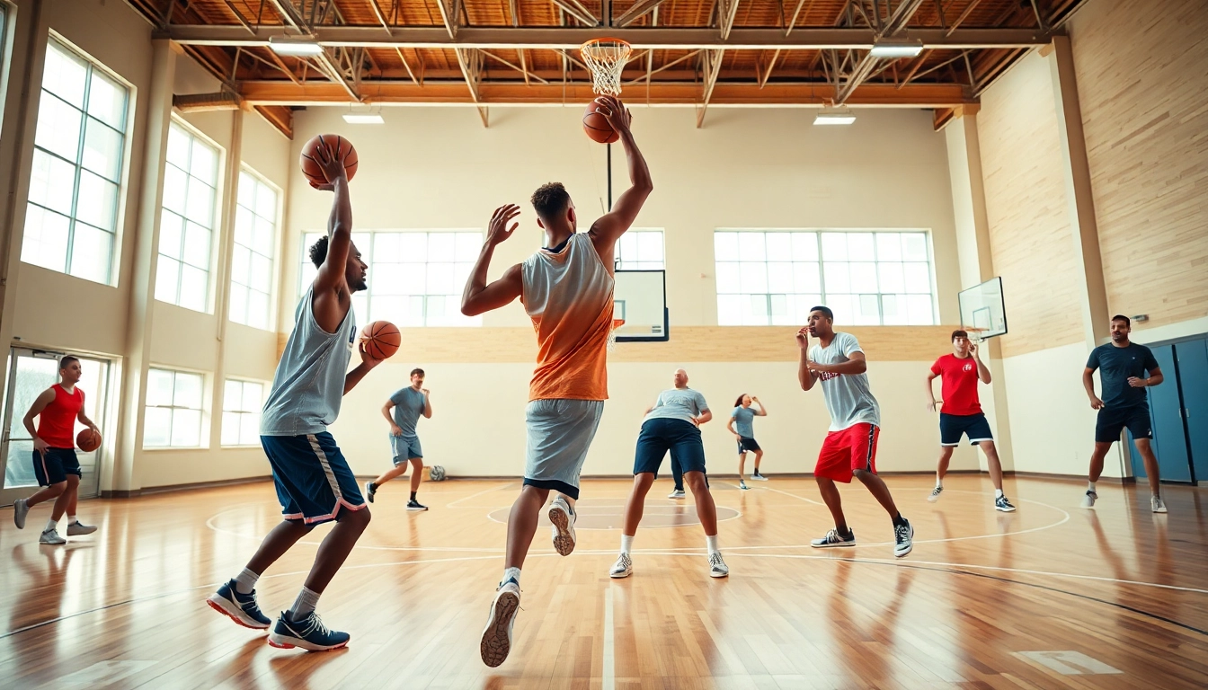 Engaged basketball players participating in the best basketball training programs on a vibrant indoor court.