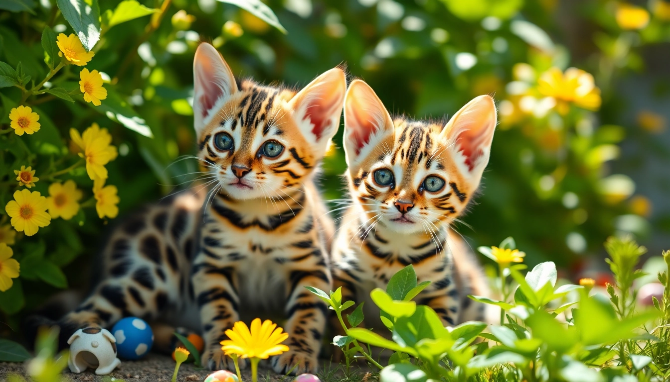 Bengal Breeders Orange County kittens playing in a vibrant garden, showcasing their energetic nature.