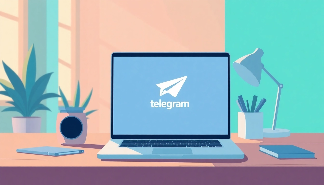 Showcase telegram电脑版中文 on a laptop in a cozy workspace, highlighting tech-friendly elements.