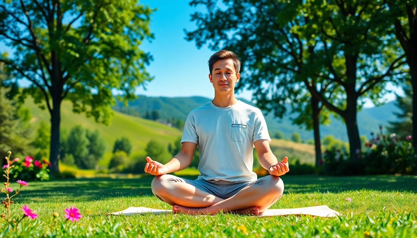 Person practicing mindfulness while dealing with stress in a tranquil outdoor setting.