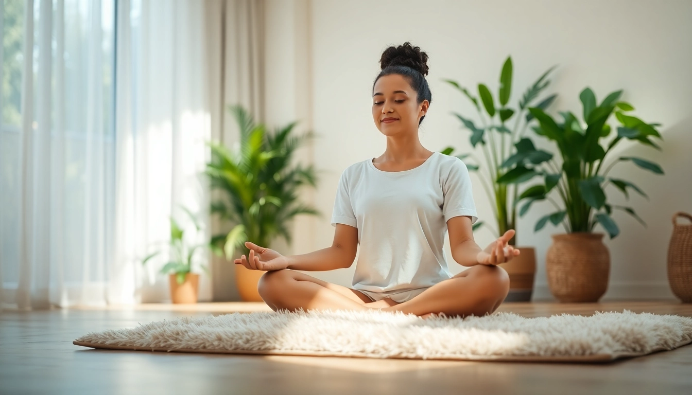 Meditating individual promoting techniques for dealing with stress in a calming indoor setting.