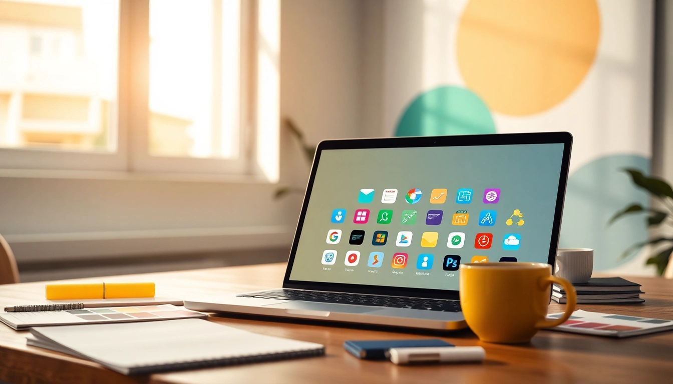 Explore vibrant icons in a creative workspace featuring diverse styles and colors.