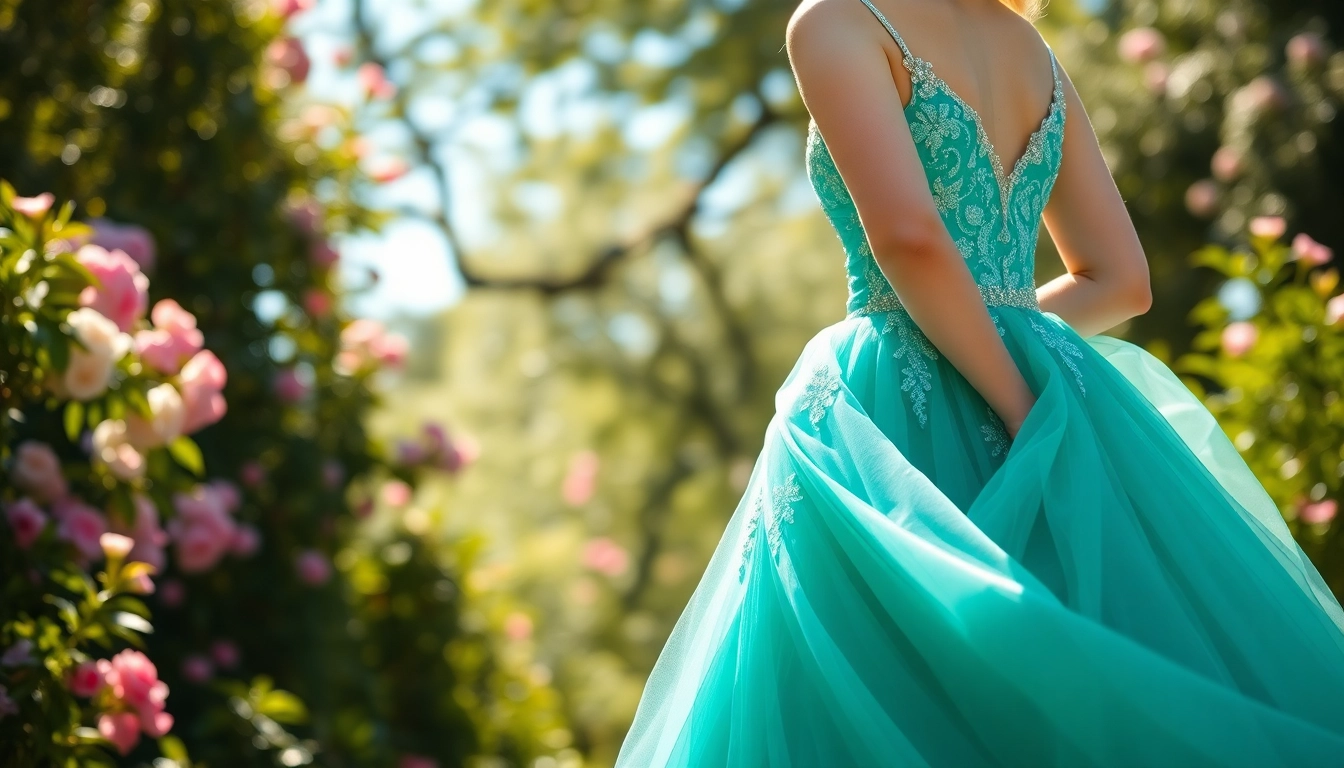 A bride in beautiful coloured wedding dresses stands elegantly in a sunlit garden.