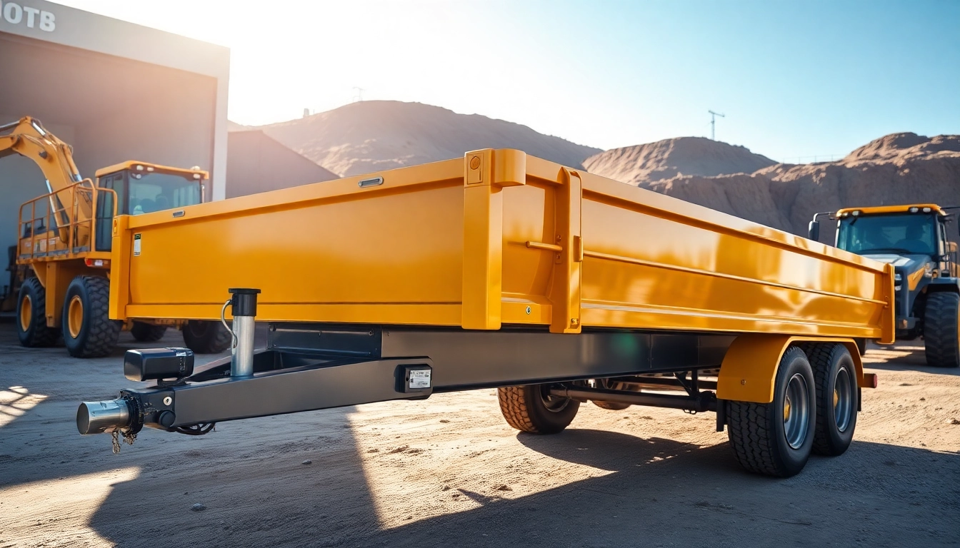 Hydraulic dump trailers for sale displayed prominently in a vibrant construction yard.