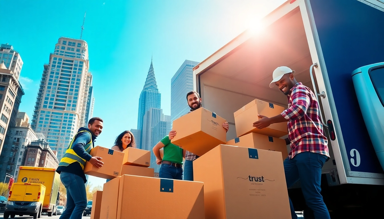 Skilled movers nyc loading boxes into a truck amidst a vibrant New York City backdrop.