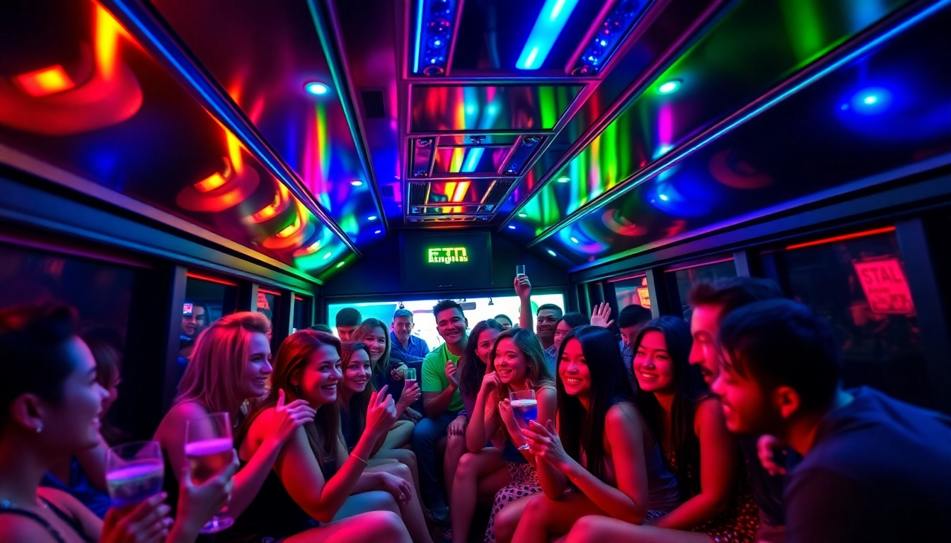 Experience an exciting night aboard an Atlanta party bus with vibrant lights and a lively atmosphere.