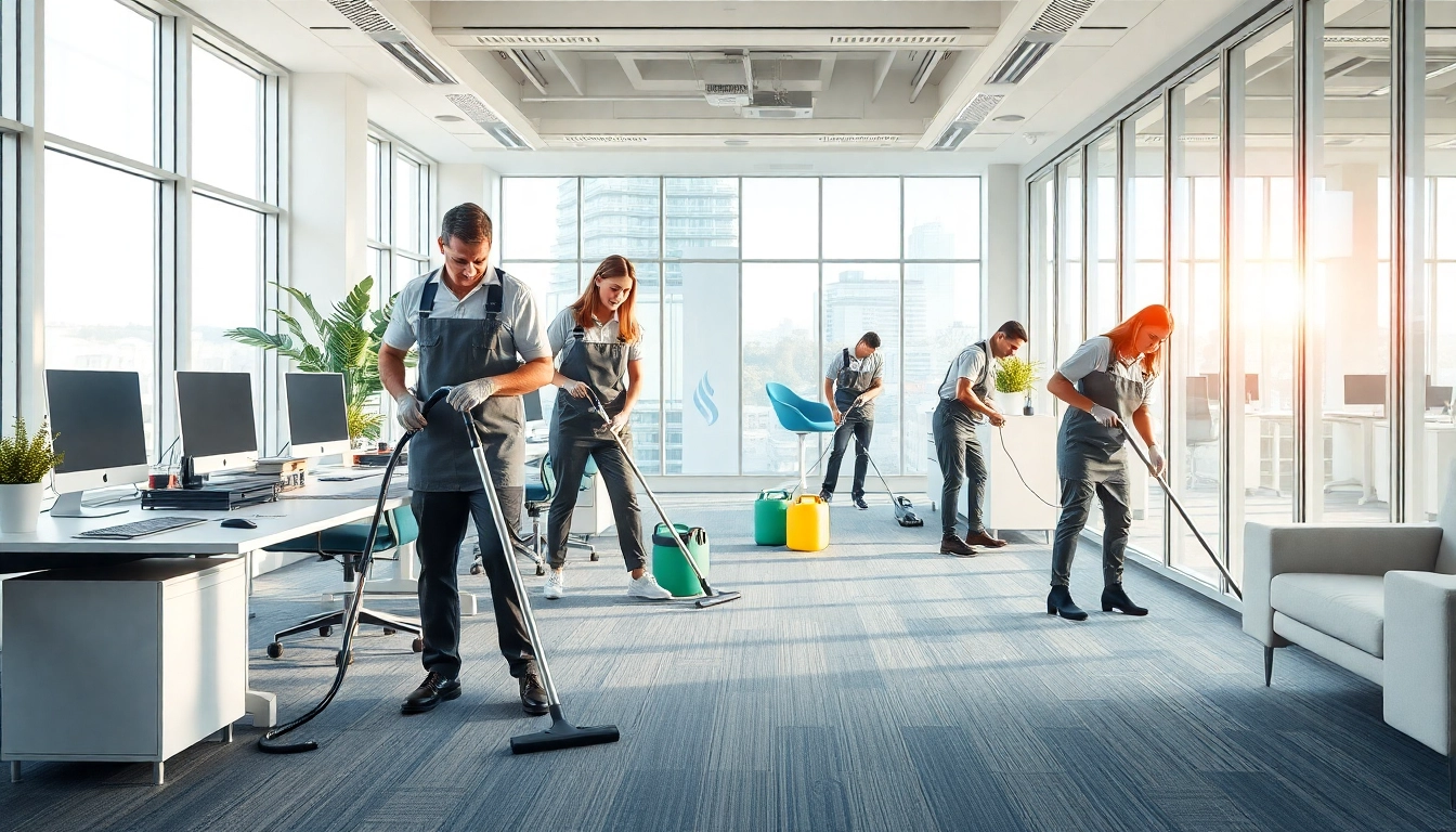 Office cleaning services Melbourne showcased by a dedicated cleaning team in a bright corporate space.