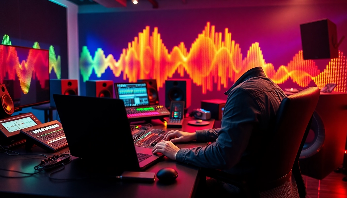 Engaging scene of music pitching with a producer at a modern workstation showcasing creativity.