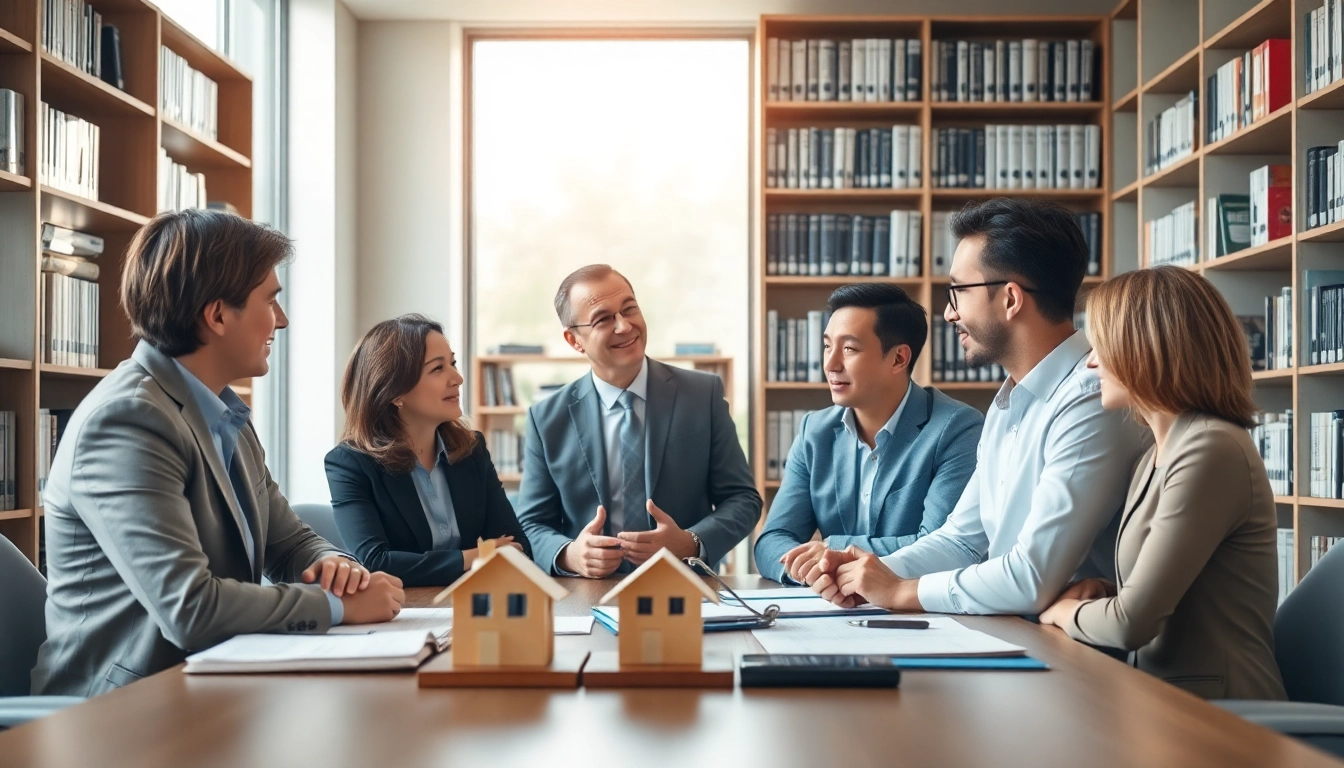 real estate lawyer advising clients in a professional office setting with engaging atmosphere