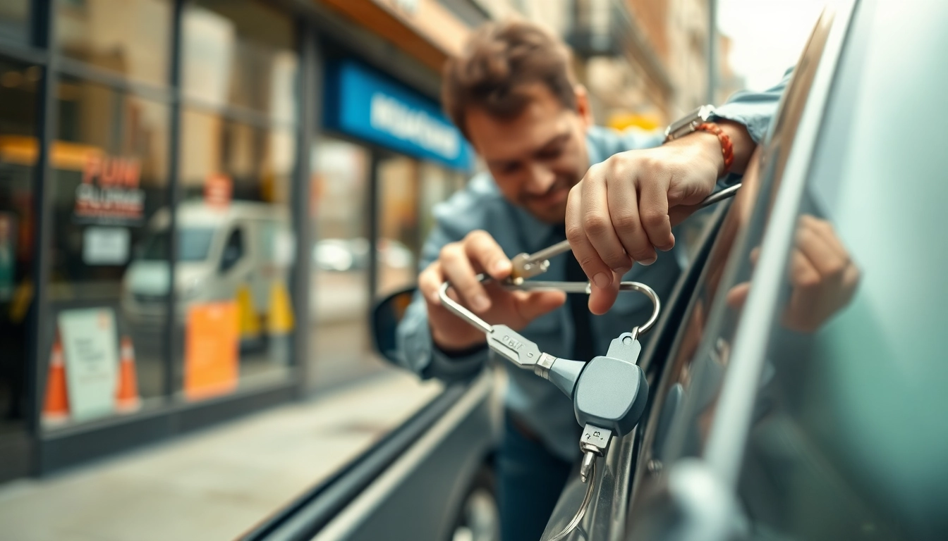 Resolve keys locked in car as a locksmith assists a distressed driver in an urban environment.