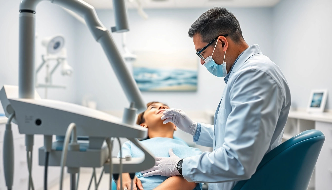 Checkups as a dentist examines a patient in a bright dental clinic.