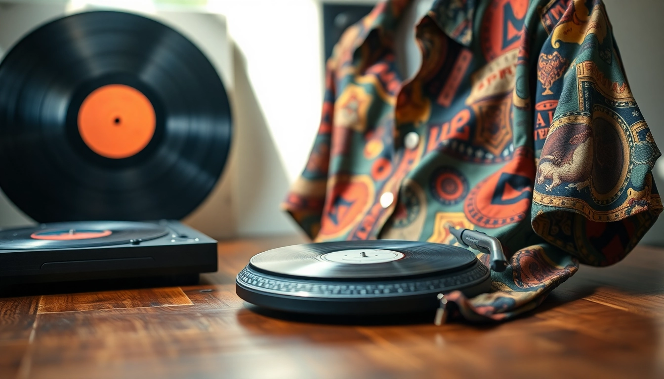 A turntable shirt highlighted with vibrant designs, perfect for music lovers.