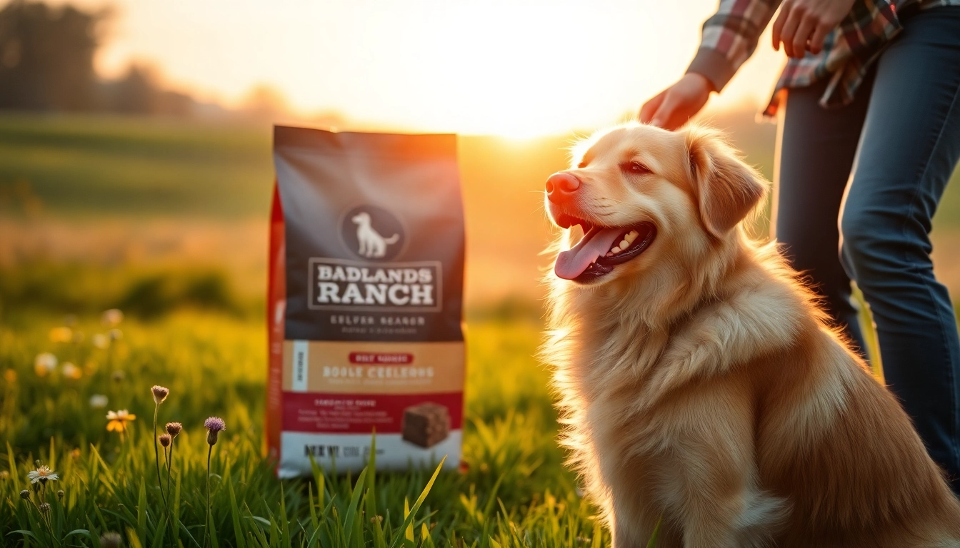 Showcase of badlands ranch dog food with a happy dog in a natural outdoor setting.
