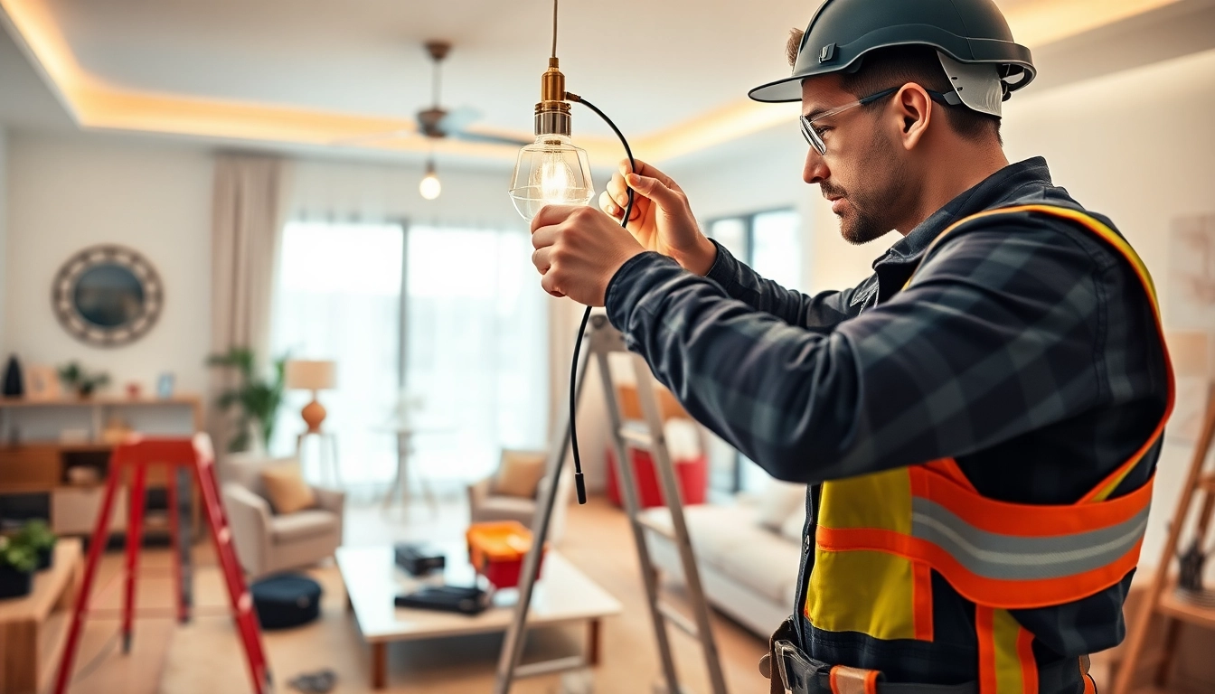 Electrician providing Electrical Service installation in a well-lit home environment.