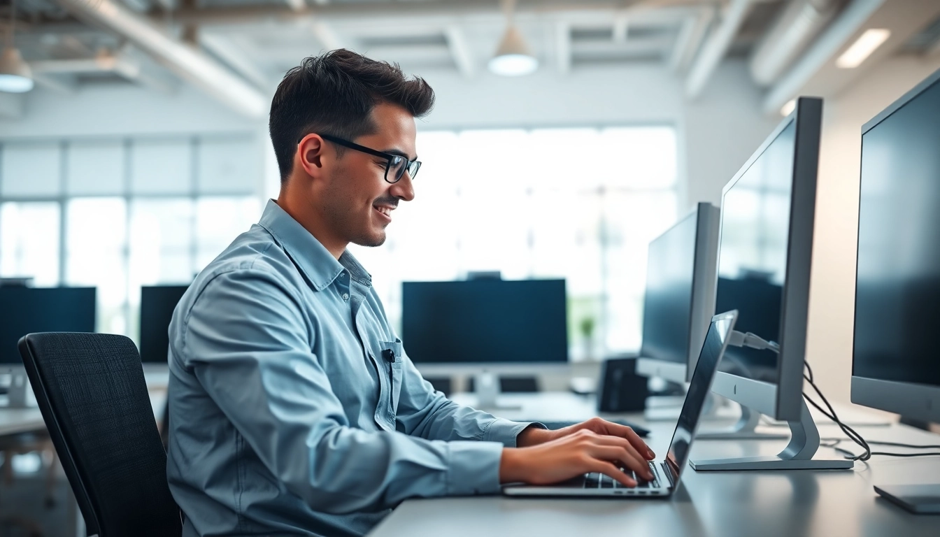 Providing expert computer services with a technician in a modern office setup.