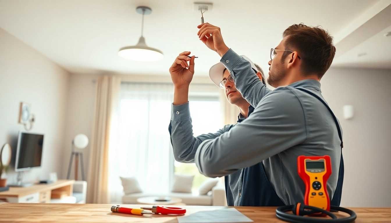 Expert electrician performing Electrical Service inspection under a bright ceiling.