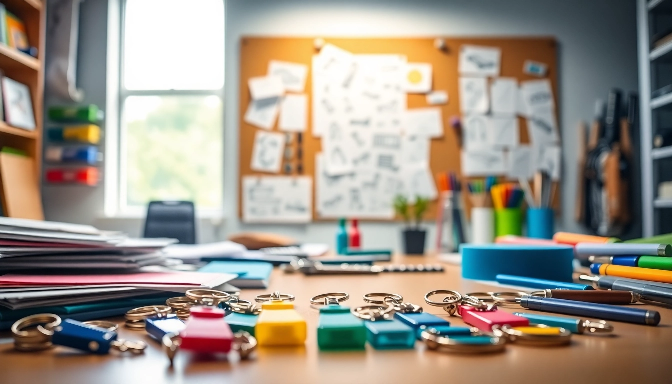 Craft unique custom key chain designs showcasing vibrant materials and creative workspace.